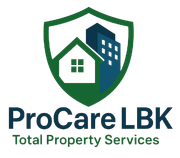 Logo: Green shield with house and building inside, "ProCare LBK Total Property Services" text below.