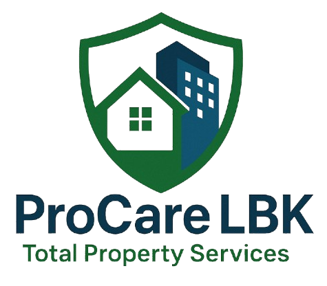 Logo: Green shield with house and building inside, "ProCare LBK Total Property Services" text below.