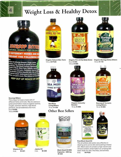 Assortment of health tonics and supplements; weight loss and detox products. 