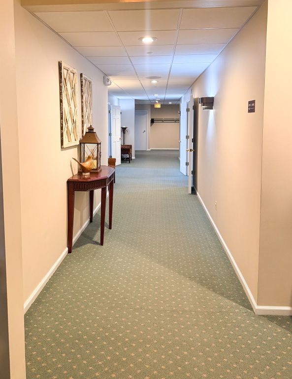 Long hallway with green carpet, peach walls, a table with decor, and doors.