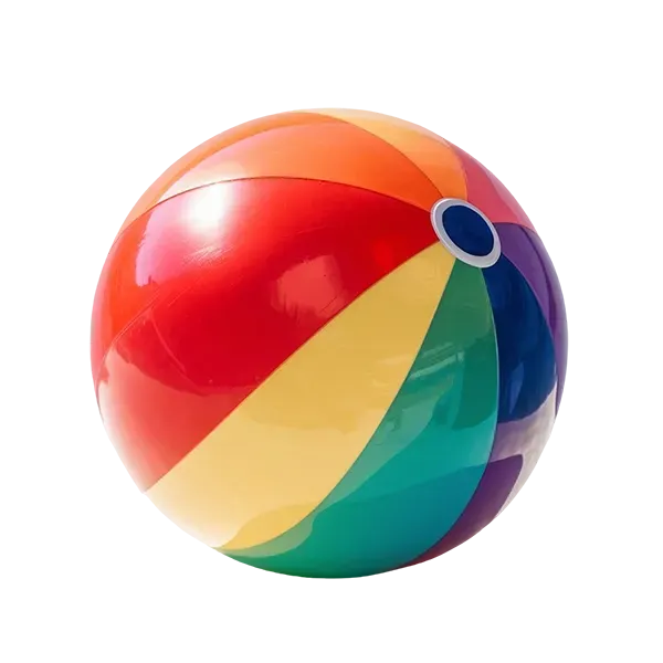 Colorful striped beach ball against a white background.