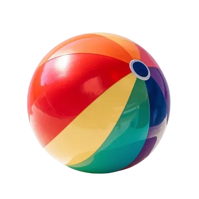 Colorful striped beach ball against a white background.