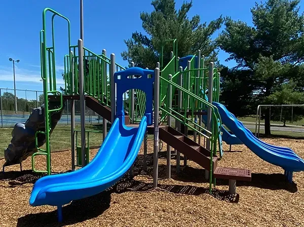 Playground with blue slides, green railings, and brown steps; set on wood chips, under a blue sky.