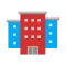 A colorful illustration of a building complex, red center building, blue flanking buildings, gray roof.