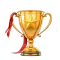 Golden trophy with red ribbon and star.