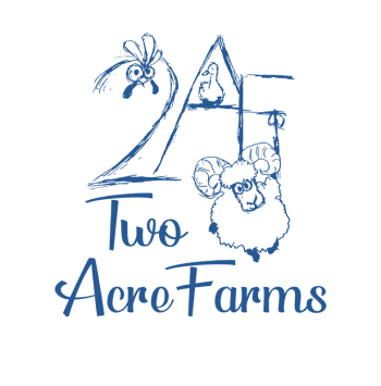 Blue farm logo with goat, chicken, lamb, and the text “Two Acre Farms”