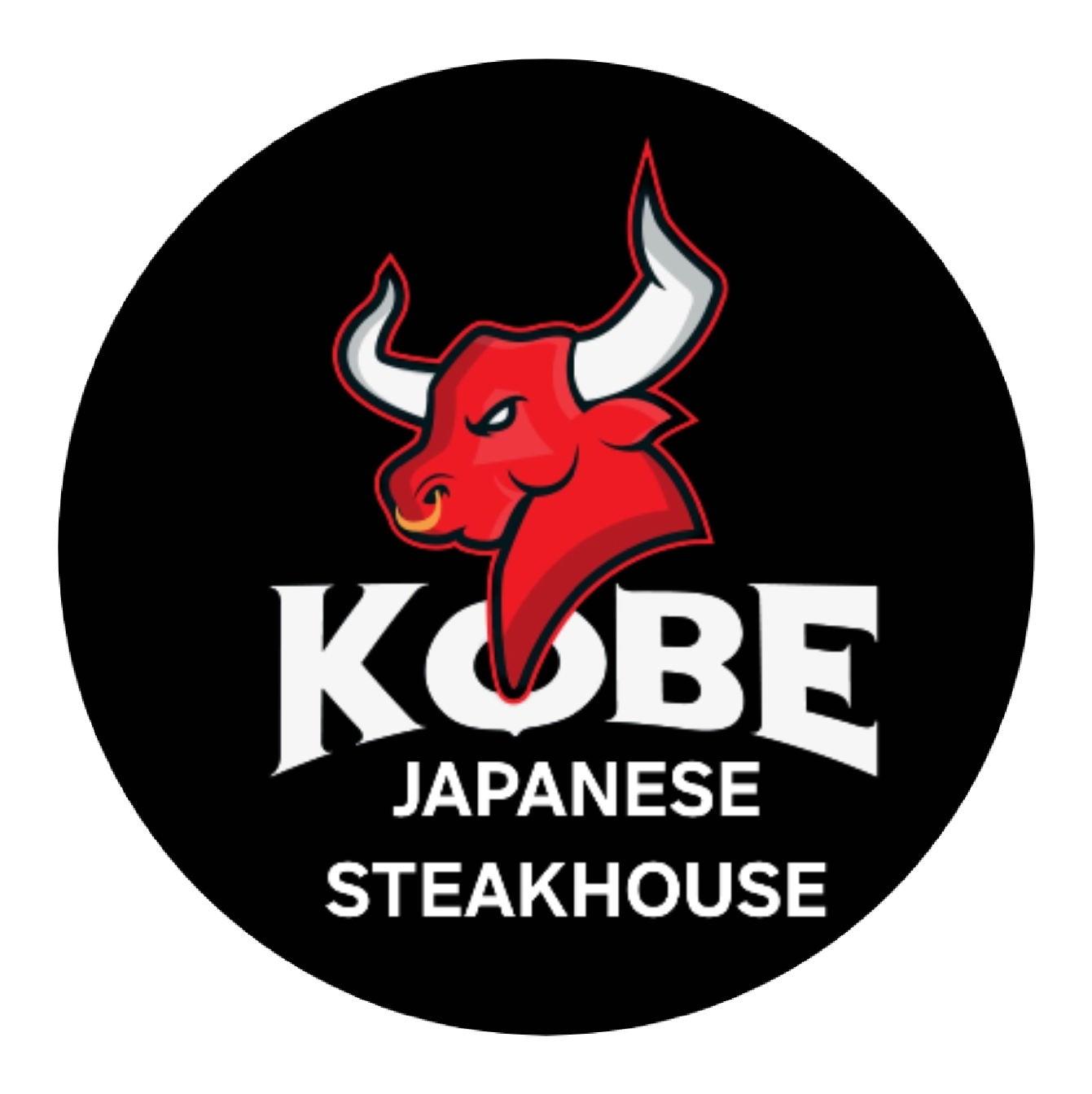 Kobe Japanese Steakhouse logo with red bull head on a black circle background