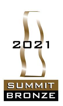 Summit Bronze award logo for 2021. Brown, stylized, vertical shape over the text 