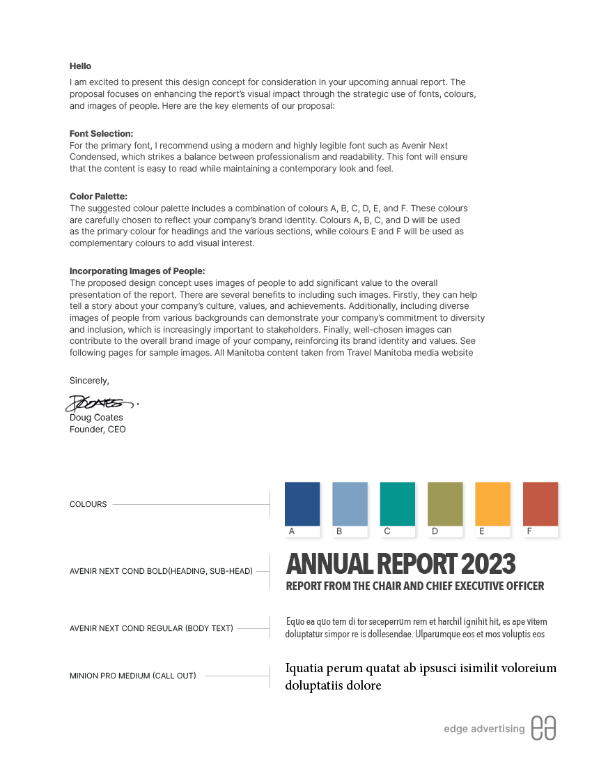 Annual Report 2023 design with color palette, text about content, and signature.