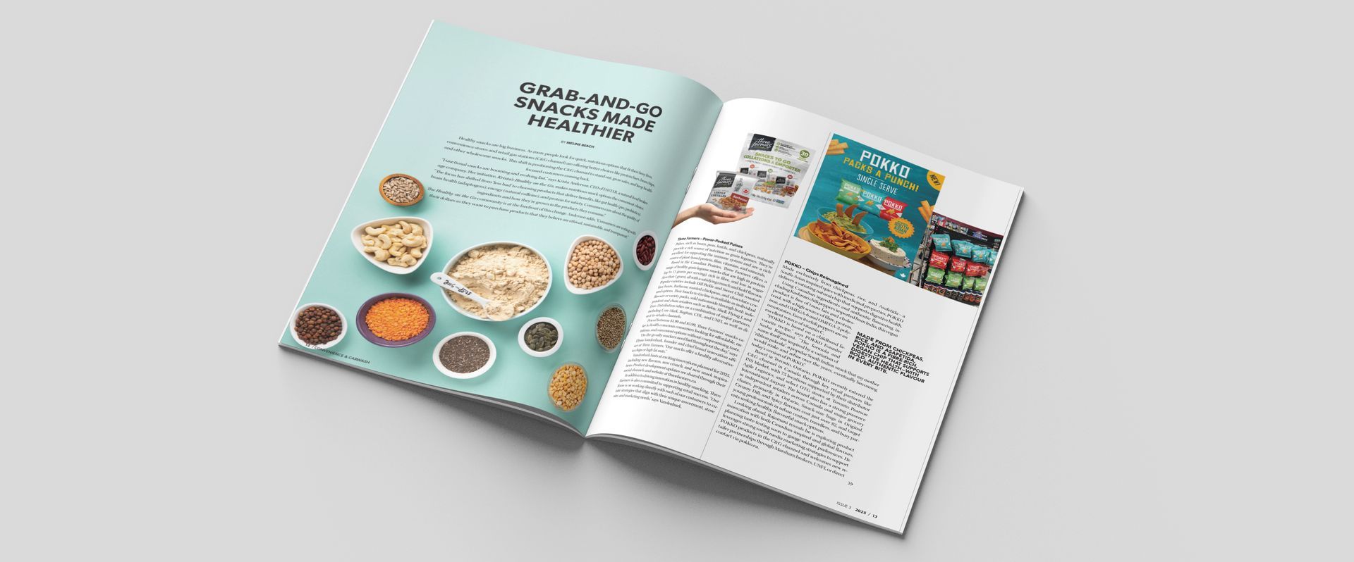 Open magazine spread with grains and recipe details.