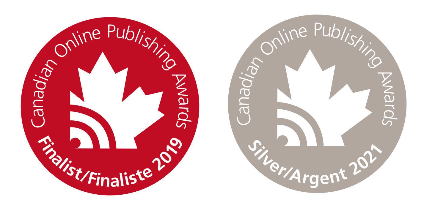Two Canadian Online Publishing Awards seals: one red 
