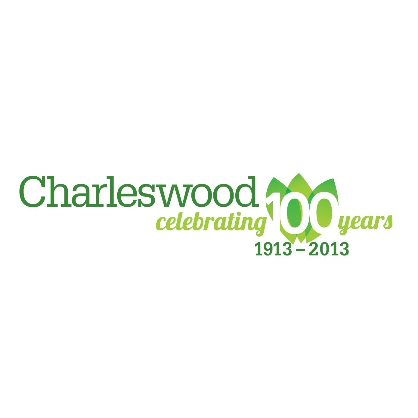 Charleswood logo celebrating 100 years. Green text on white background: 