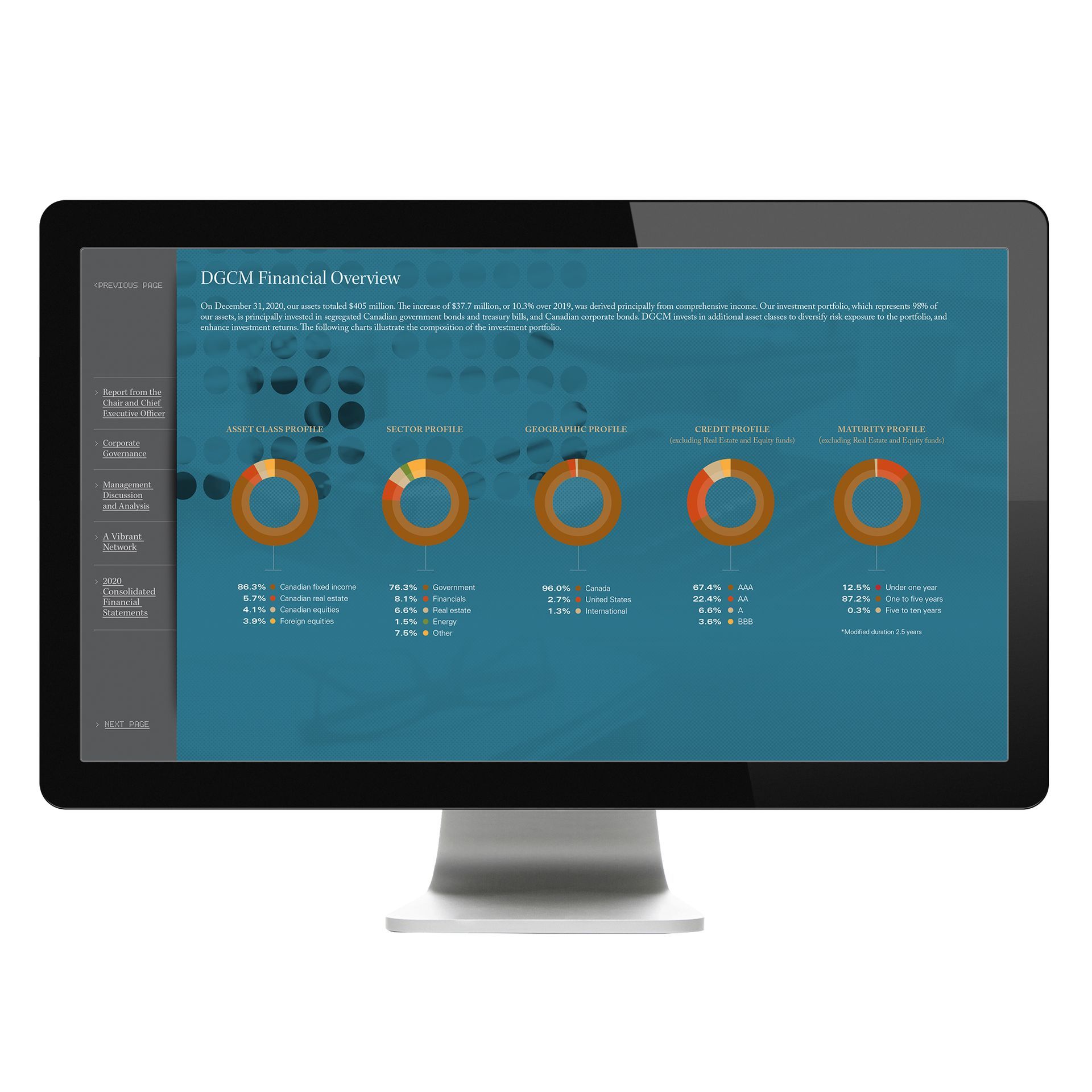 Computer screen displaying a financial overview dashboard with donut charts and data tables.