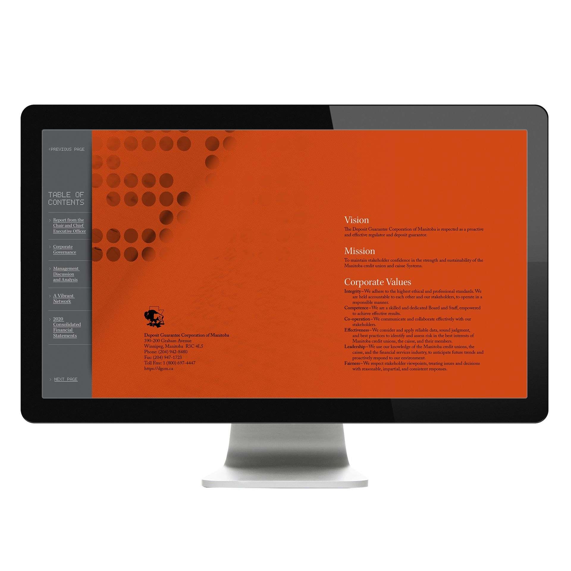 Computer screen displaying website with orange background and menu.