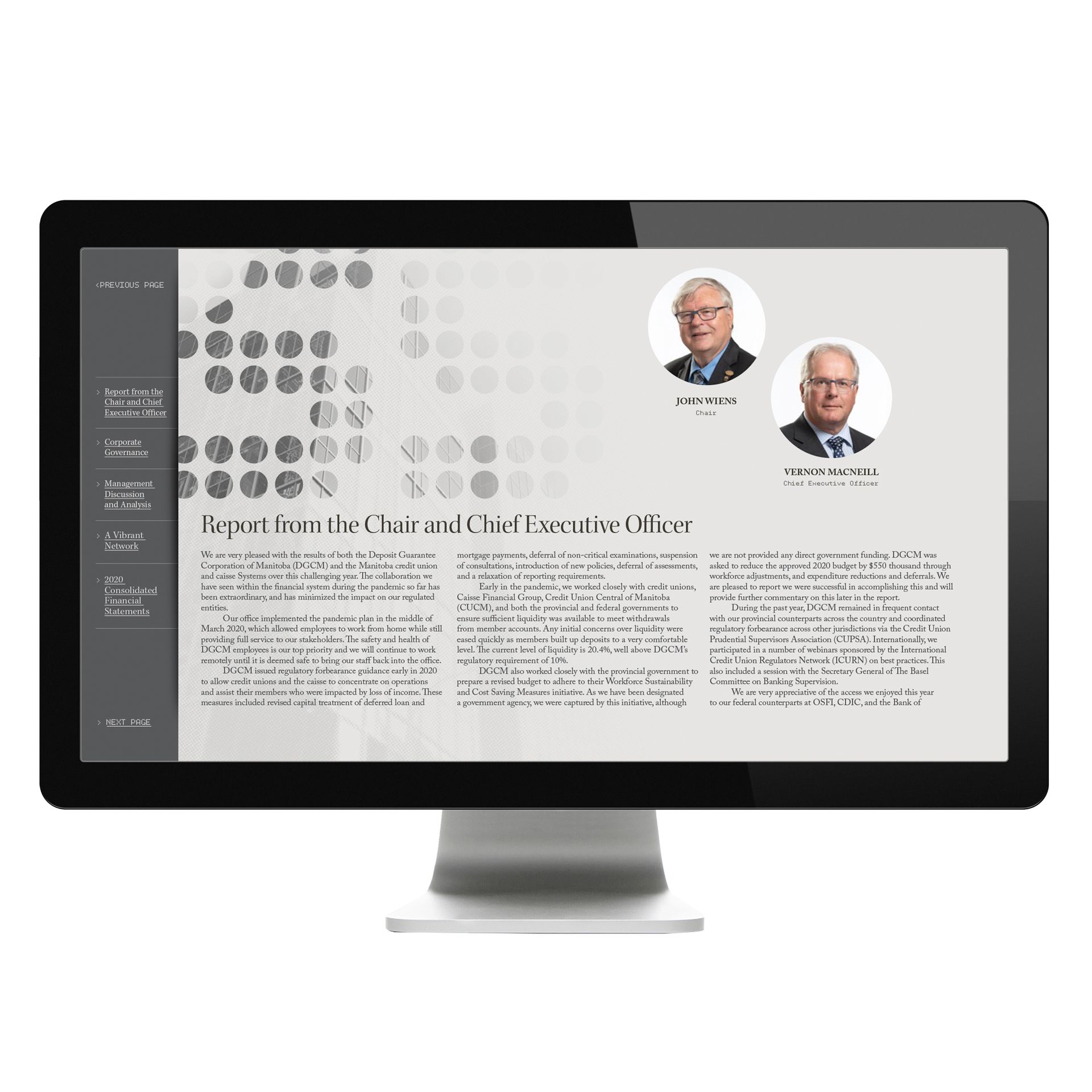 Desktop monitor showing a business report with two executive portraits and text.