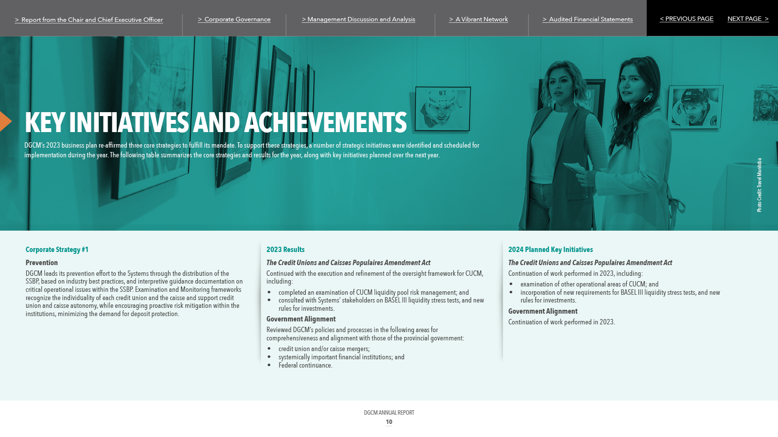 Key Initiatives and Achievements: webpage layout with text and teal background. Two women in an art gallery.