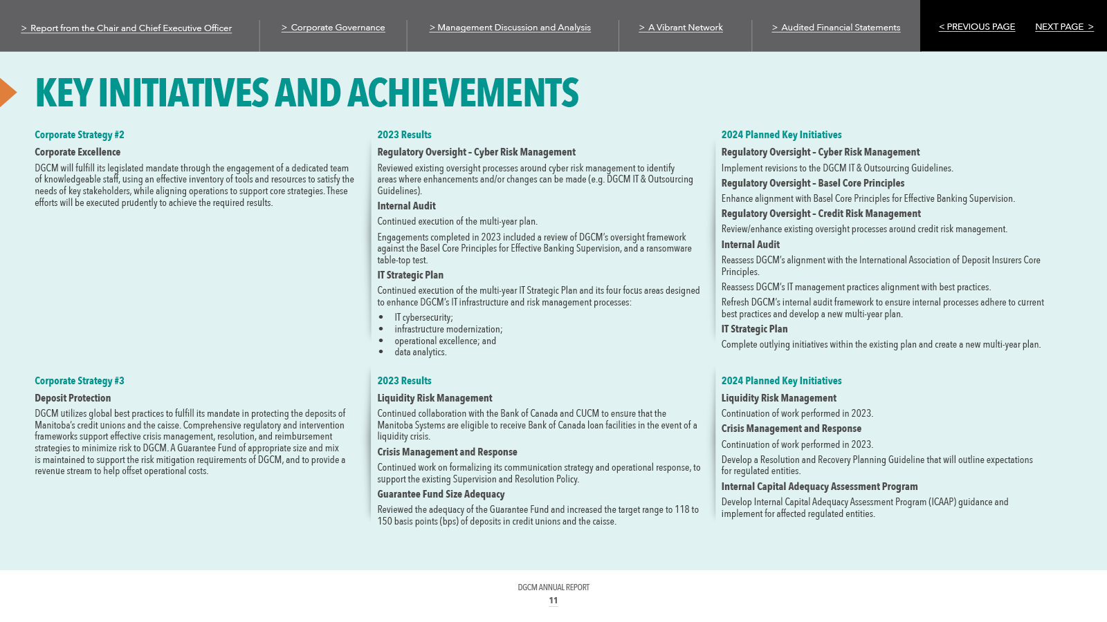Key Initiatives and Achievements list. Green header. Bulleted lists with text in black.