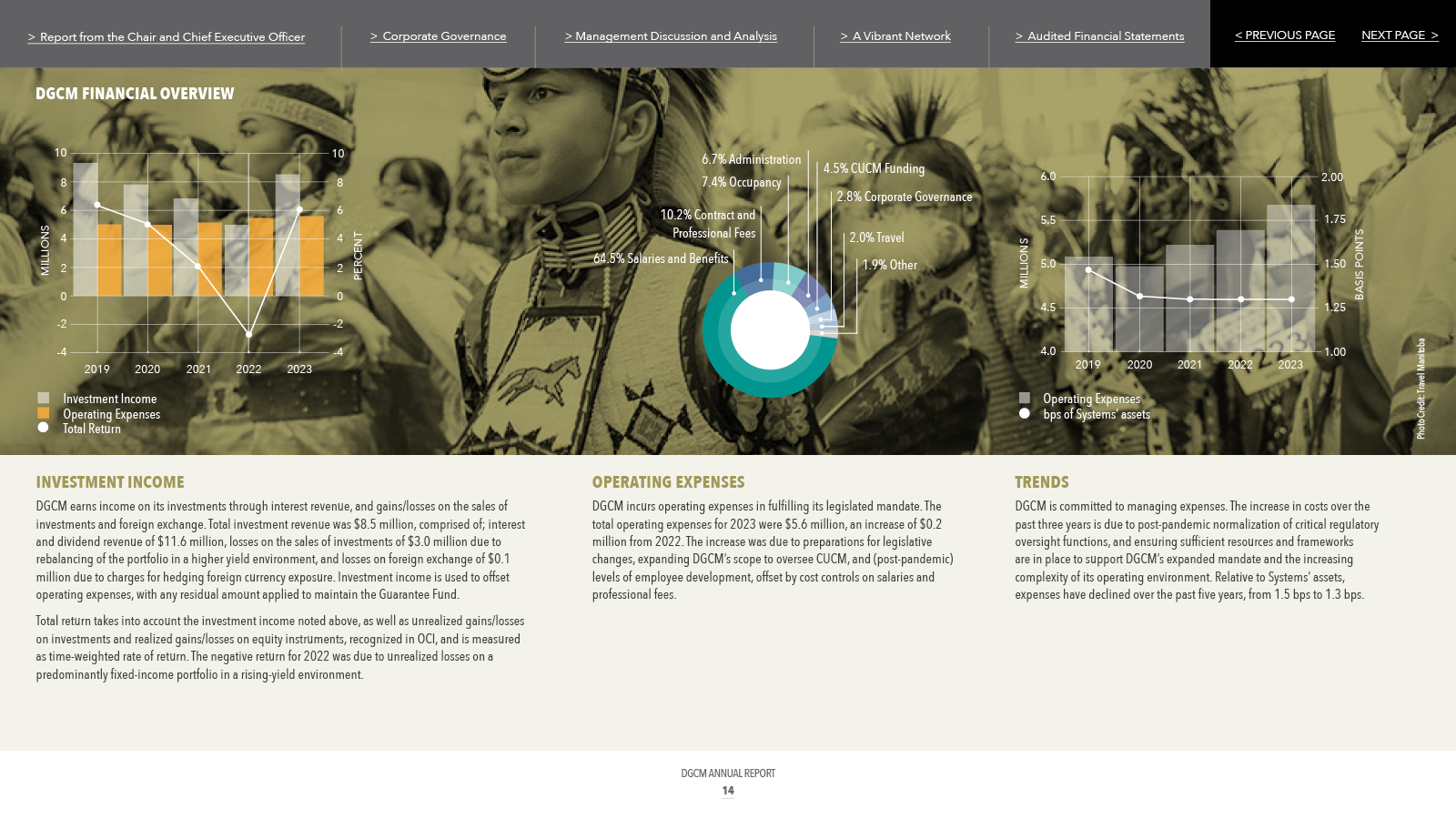 Indigenous people at an event; charts and text describe financial data, marketing, and operations.