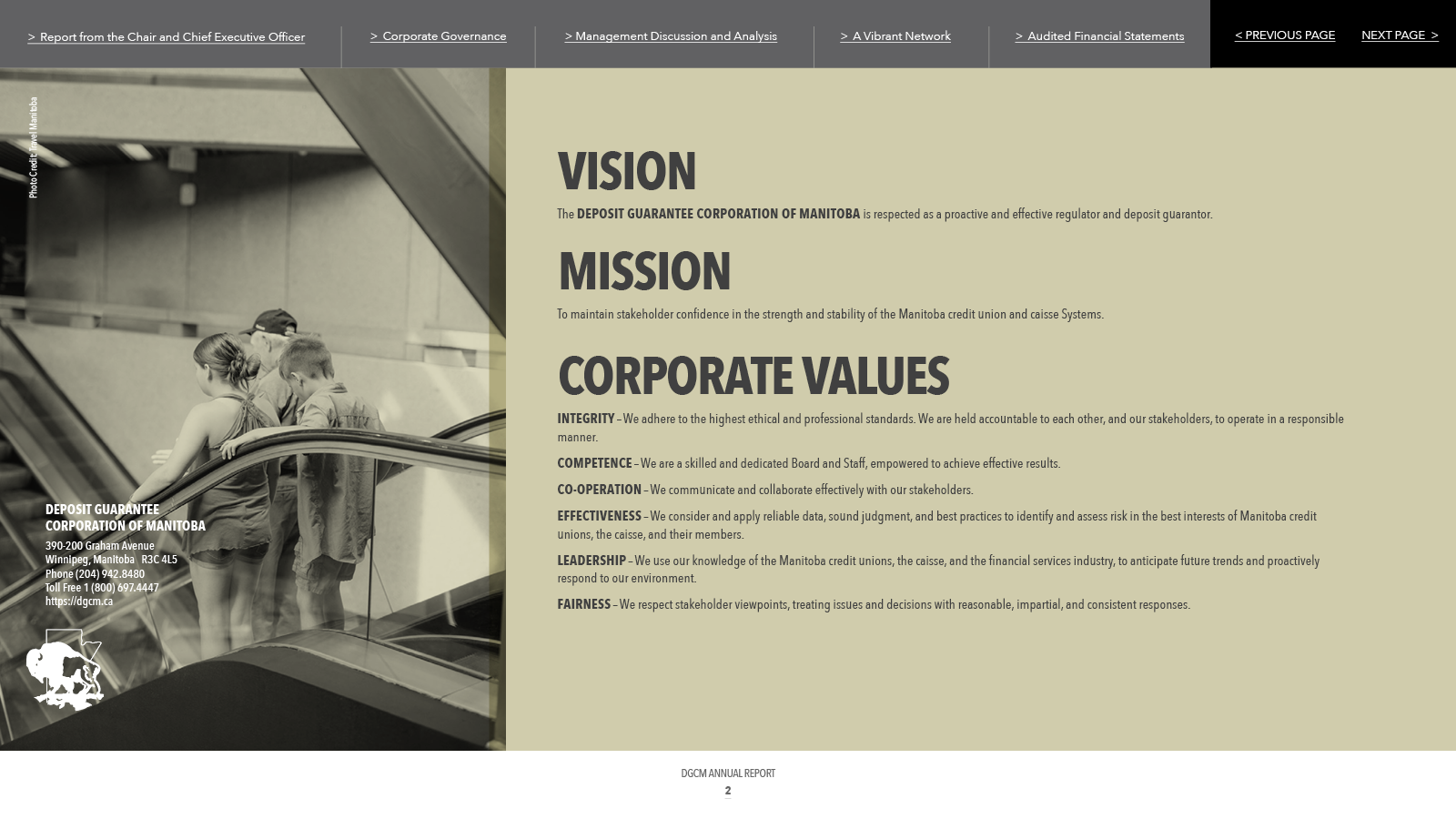 Website page with company vision, mission, and corporate values. People on escalator, beige background.