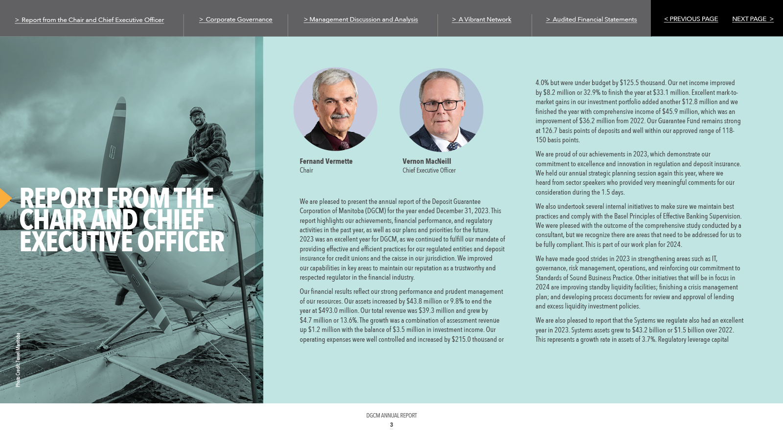 Report page with headshots of two men, a plane, and text.