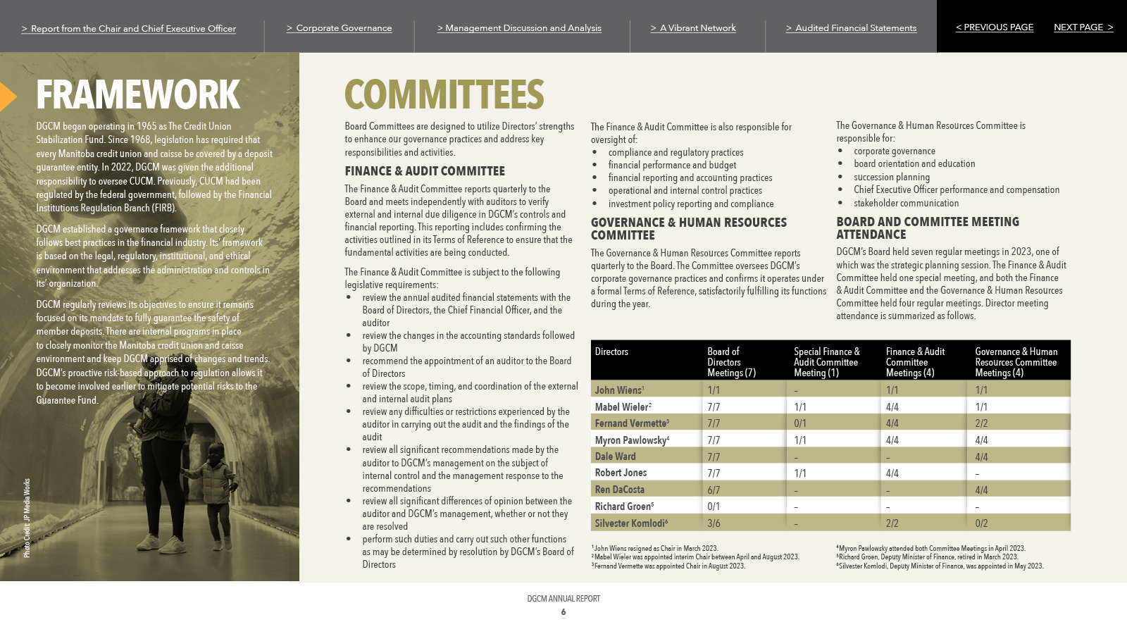 Page about framework and committees. Includes table of data. Silhouette of a person and child walking.
