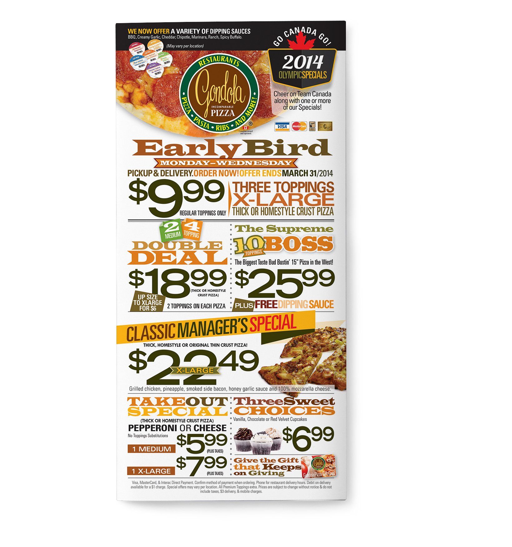 A Conloh Pizza menu with Early Bird and Classic Manager's Special offers. Prices range from $5.99 to $25.99.