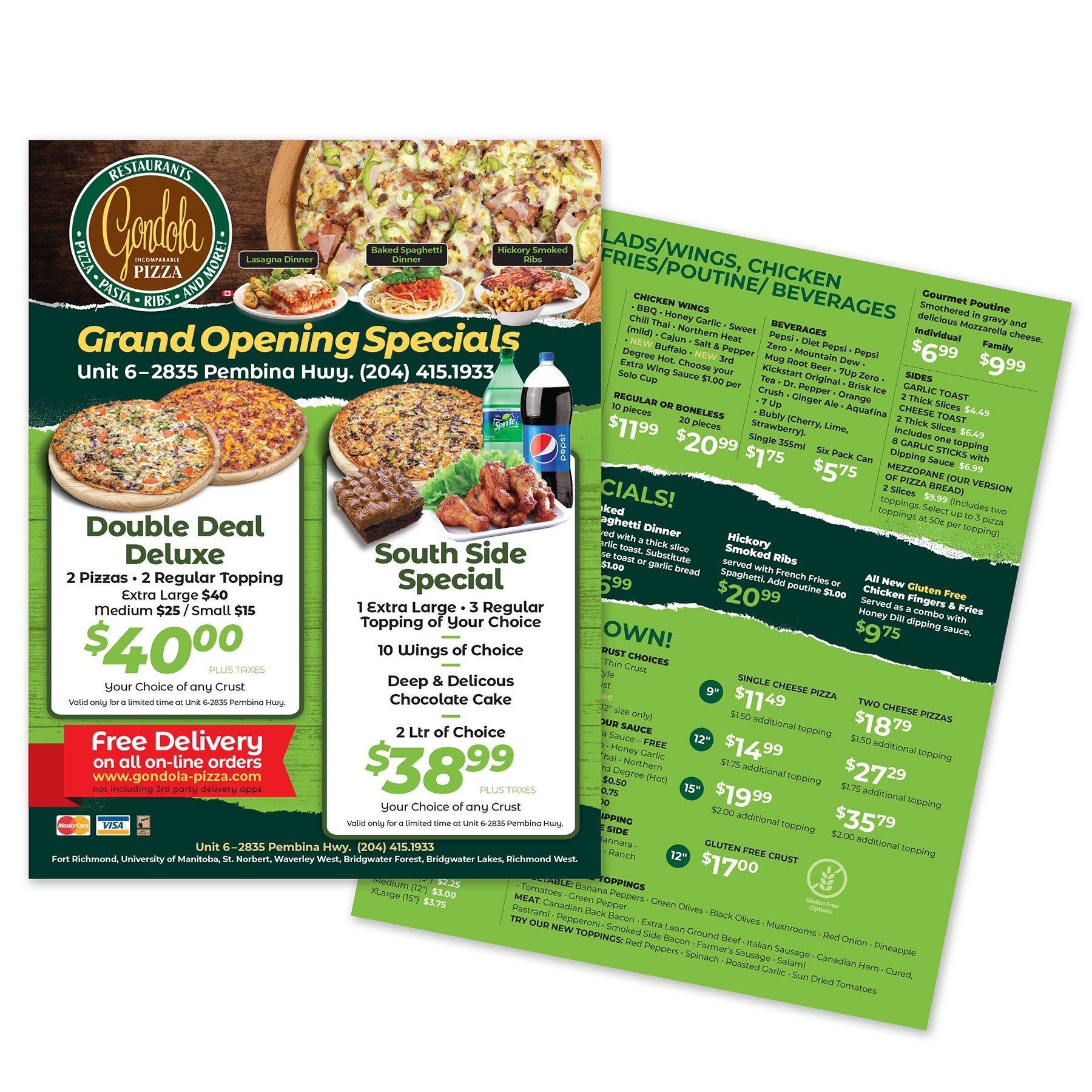 Flyer for Conch Pizza with grand opening specials, including pizzas, sides, and drinks.