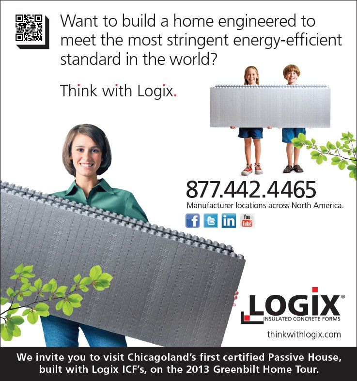 Advertisement for Logix, a home construction company, showing people holding building materials, with contact information.