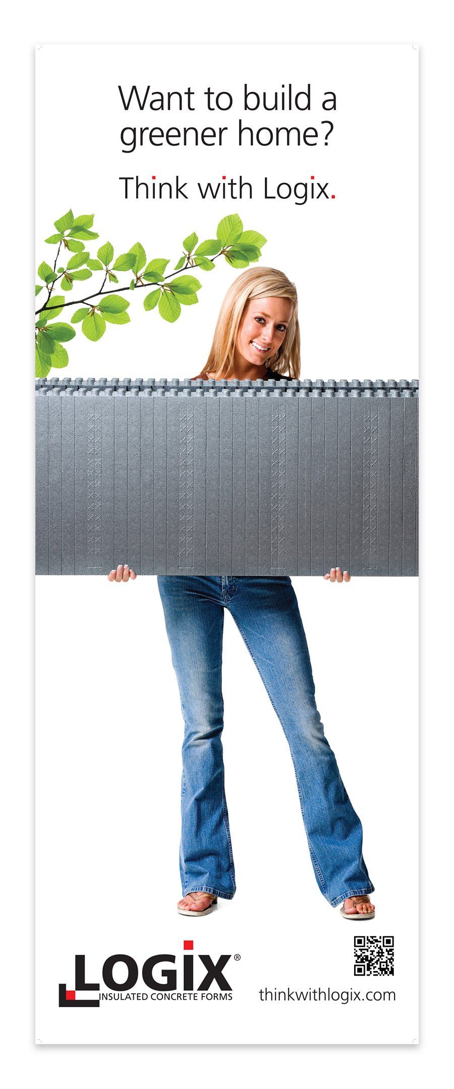 Woman holding Logix building material, with text 