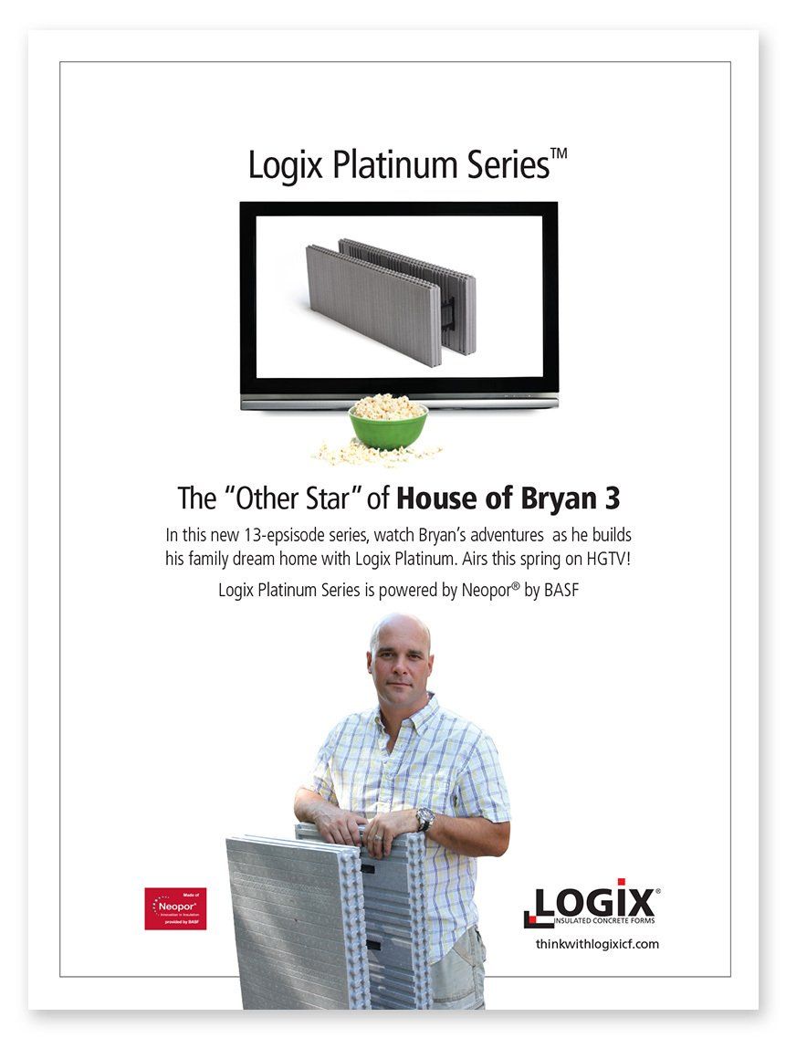 Advertisement for Logix Platinum Series, featuring a man standing by building materials with a television in the background.