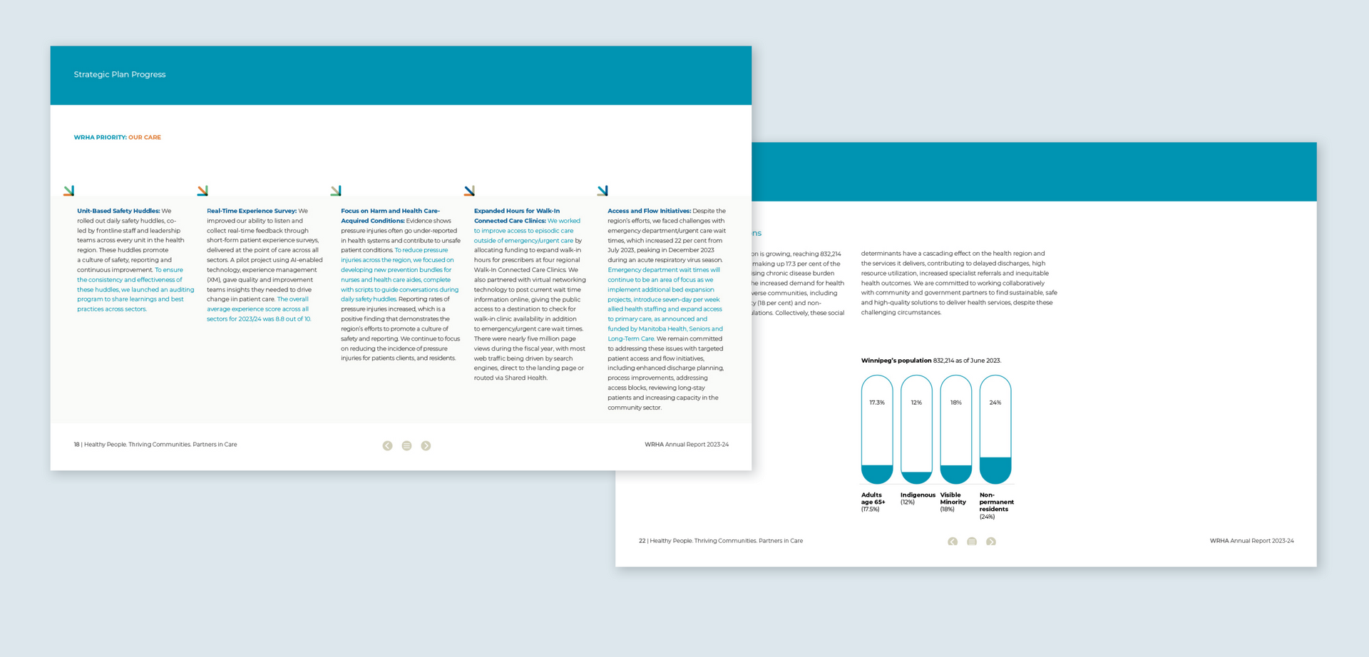 Two slides from a presentation. One slide has numbered text blocks, the other has diagrams. Both have a teal header.