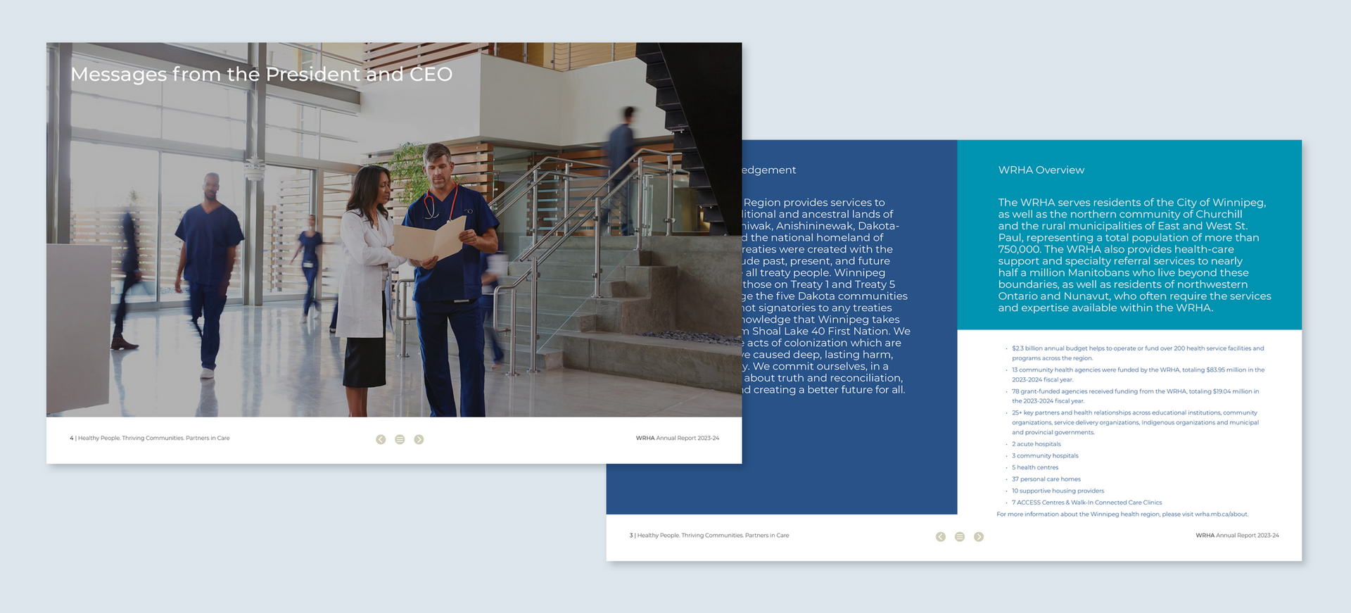Slideshow with hospital staff and text about healthcare on blue and teal backgrounds.