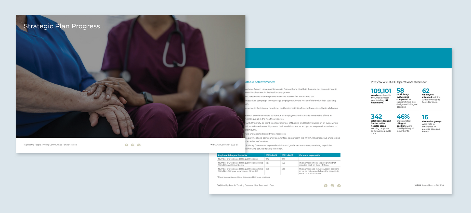 Nurse holding patient's hand; slides with text and graphics on a teal background.