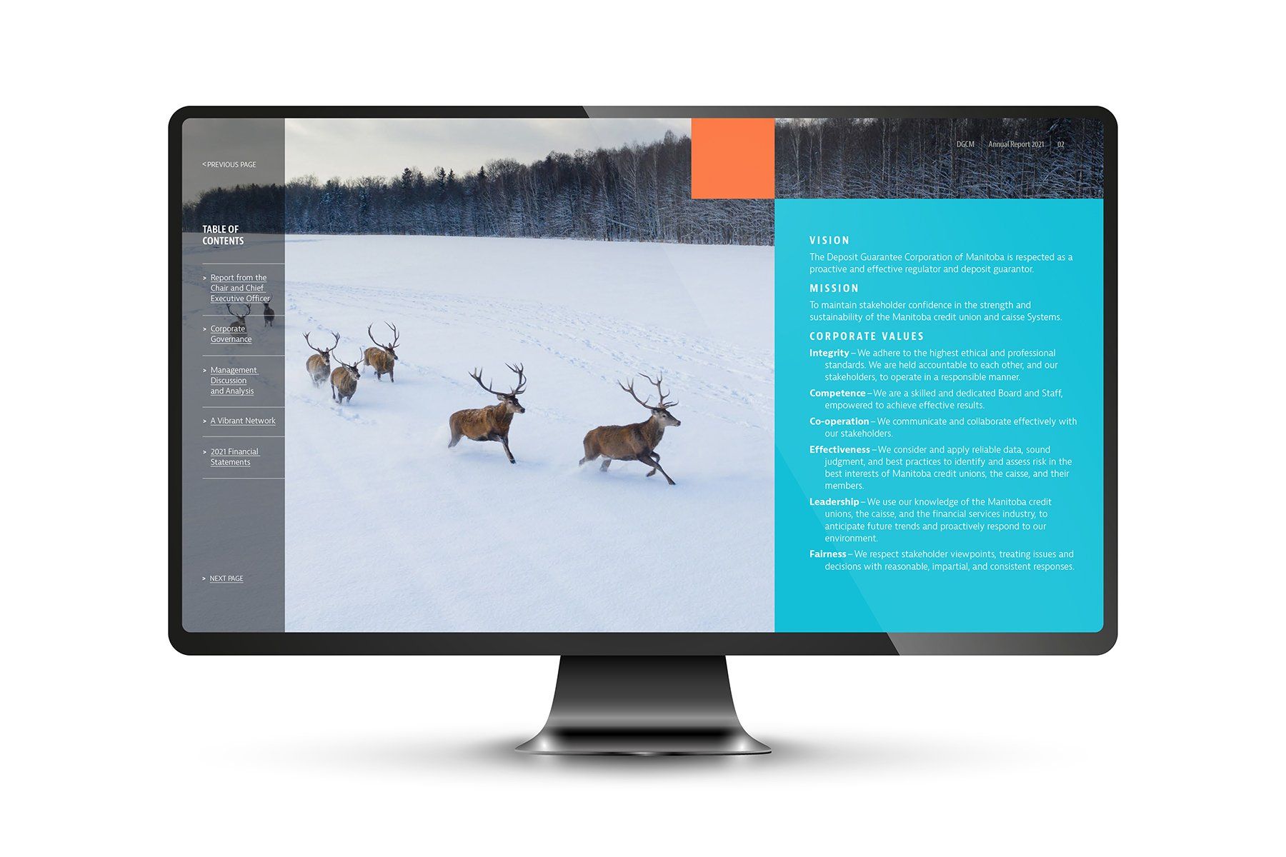 Computer screen displays a website with reindeer running across a snowy landscape. Website details and text.