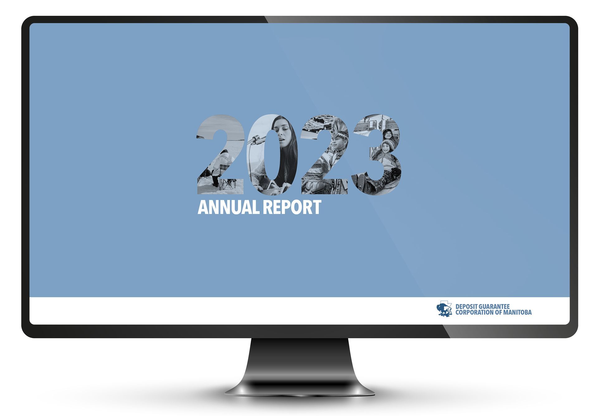 Computer screen displaying the 2023 Annual Report title. Light blue background, black and white photographs fill the numbers.