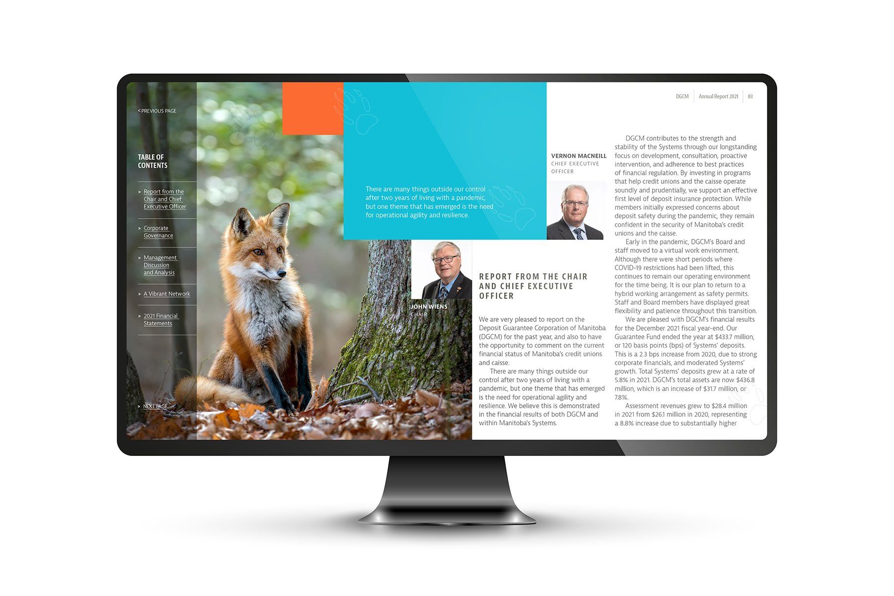 Desktop monitor displaying a webpage with a fox, text, and photos of men.