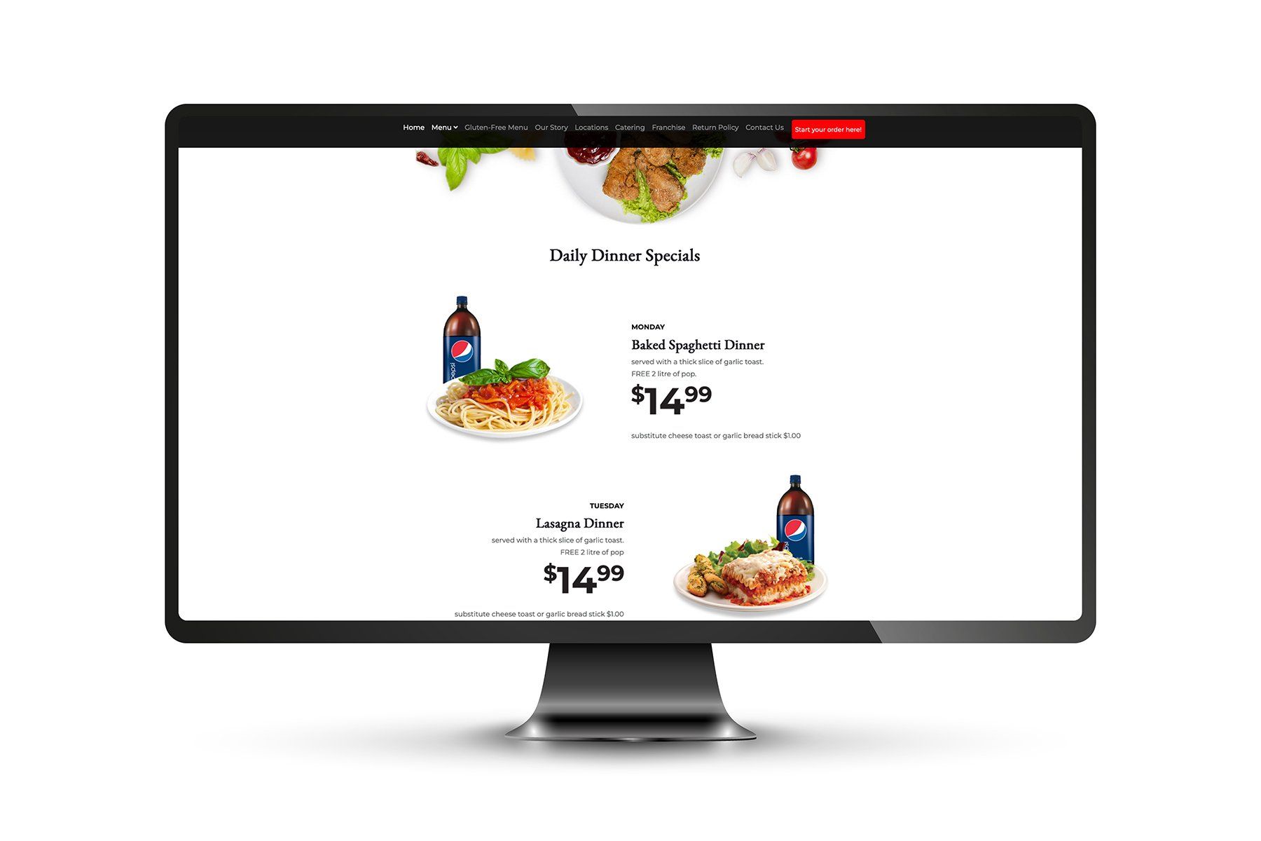 Computer screen showing a restaurant menu: daily dinner specials, spaghetti and lasagna, with drinks.