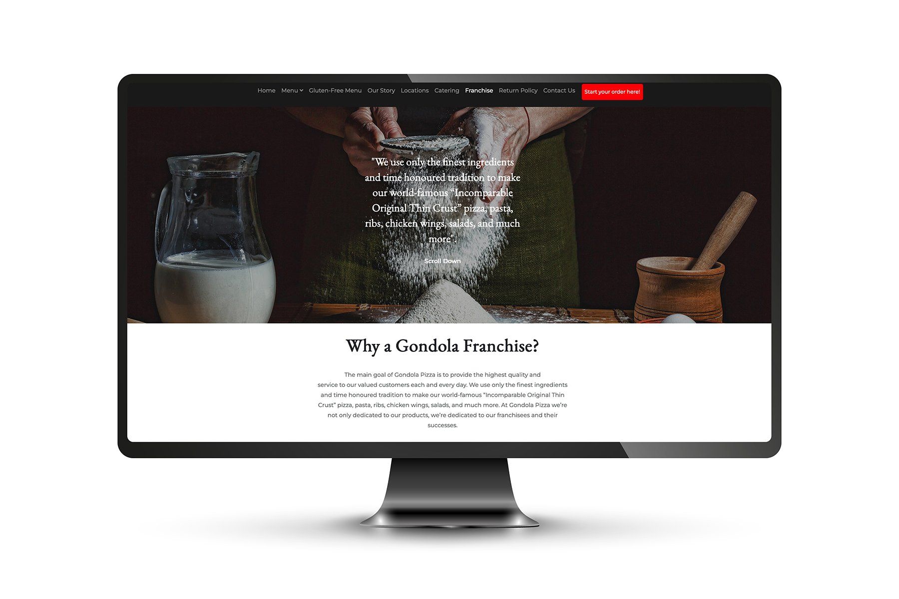Website on a monitor with flour being sifted, milk, and wooden utensils.