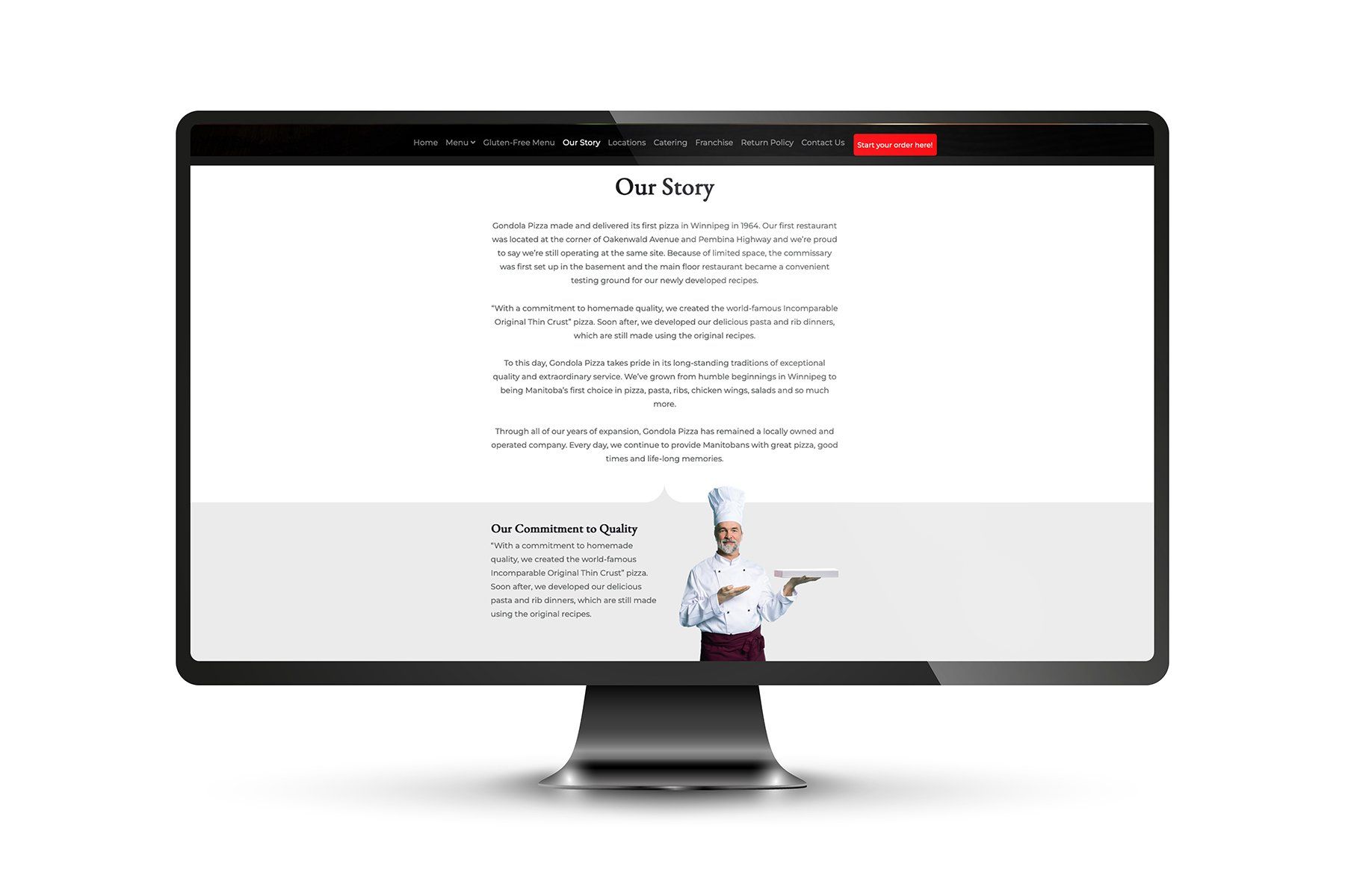 A computer screen displaying website content about a chef's story and a photo of a chef.