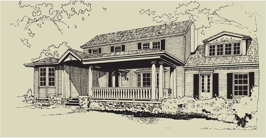 Two-story house with covered porch, stone foundation, and multiple windows. Black and white sketch.