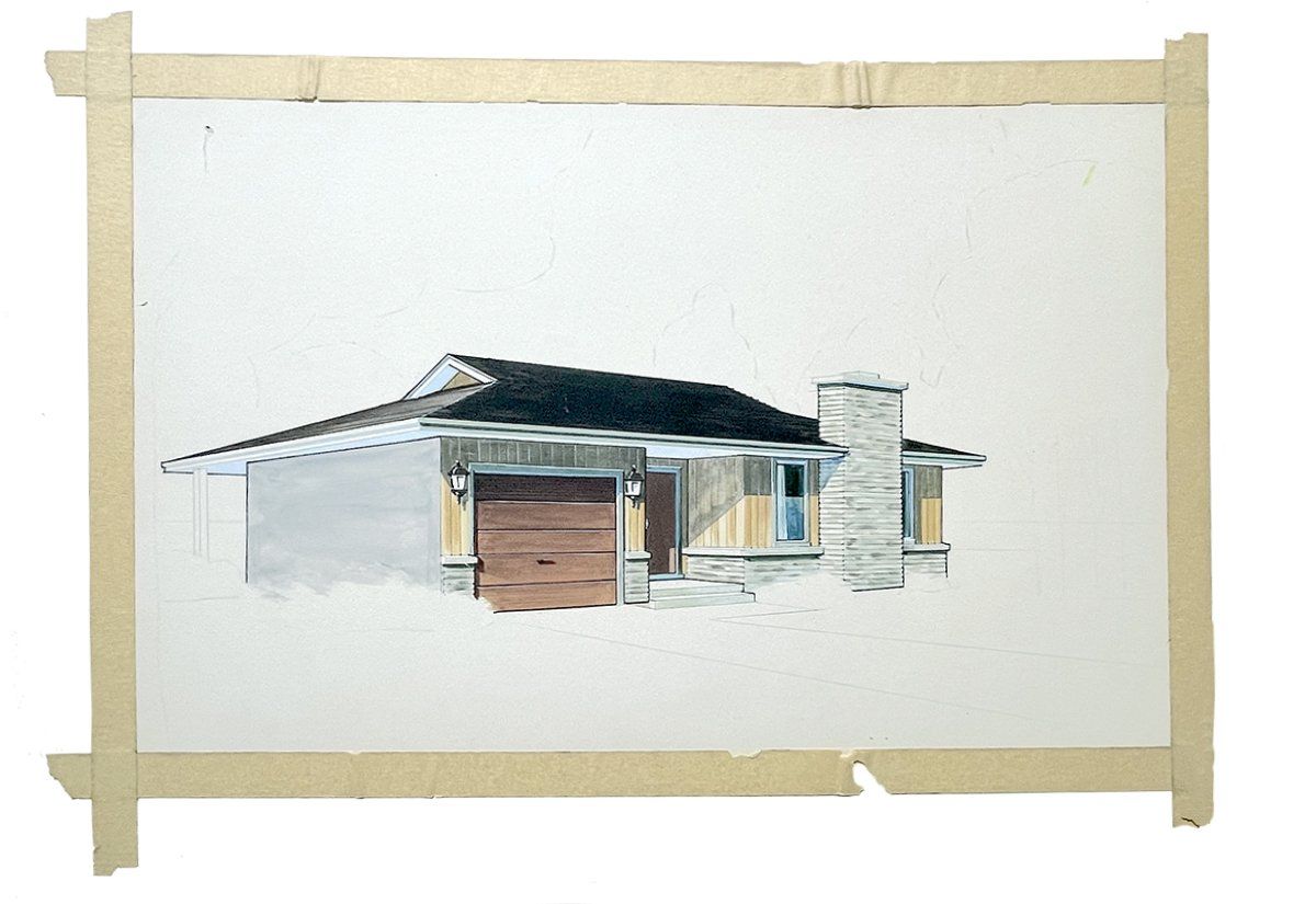 Watercolor rendering of a single-story house with a brown garage door, light siding, and a stone chimney.