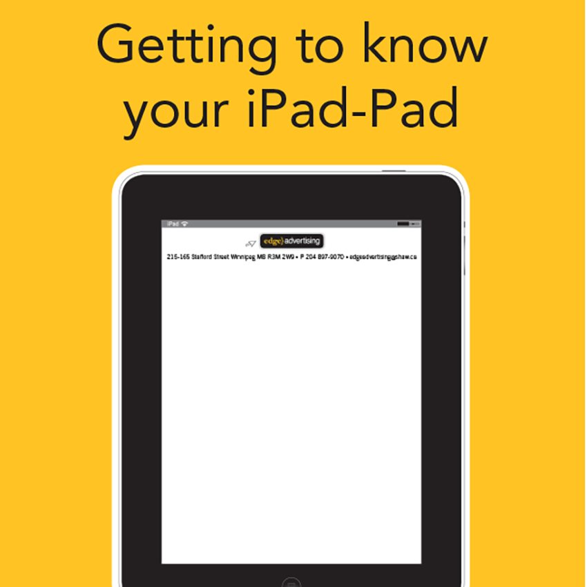 Yellow background with a black and white iPad displaying text 
