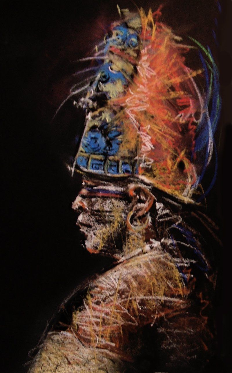 Profile portrait of a figure wearing a headdress with blue and orange accents.
