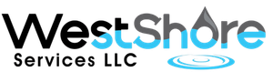 Logo for WestShore Services LLC featuring gray and blue text with a water droplet icon and ripple graphic.