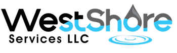 Logo for WestShore Services LLC featuring gray and blue text with a water droplet icon and ripple graphic.