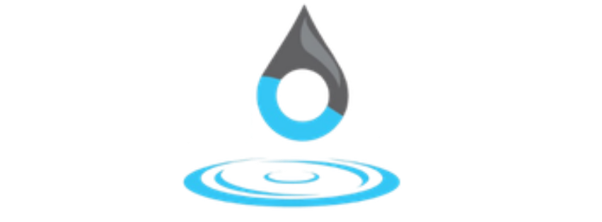 Stylized water droplet logo above blue ripples on a white background