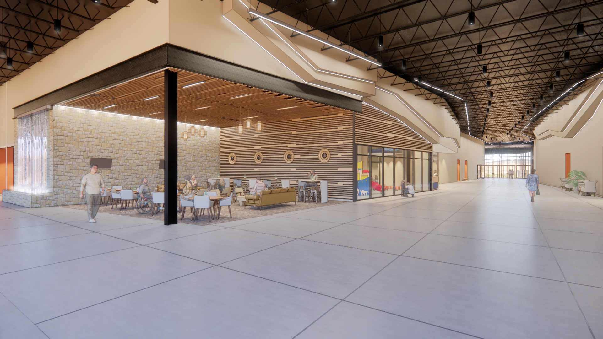 Interior view of a modern building with a restaurant/lounge area visible through large windows.