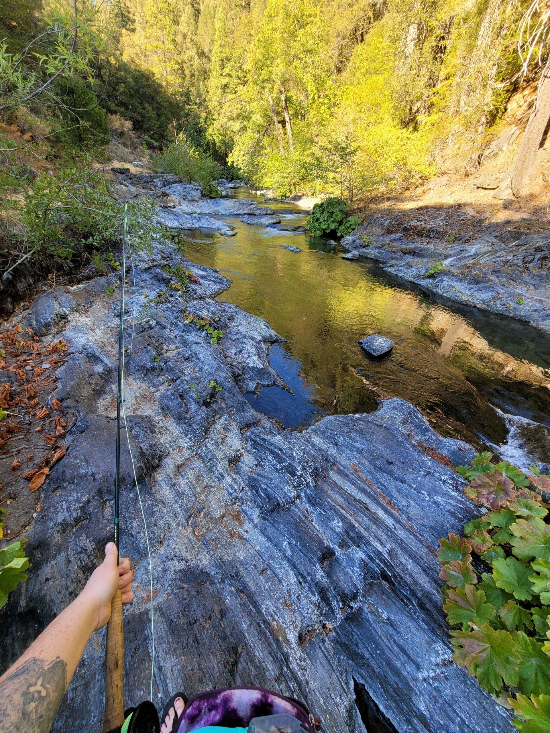 A person is holding a fishing rod in front of a river.