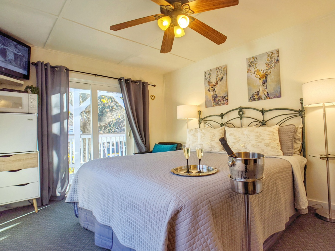 A bedroom with a king size bed and a ceiling fan.