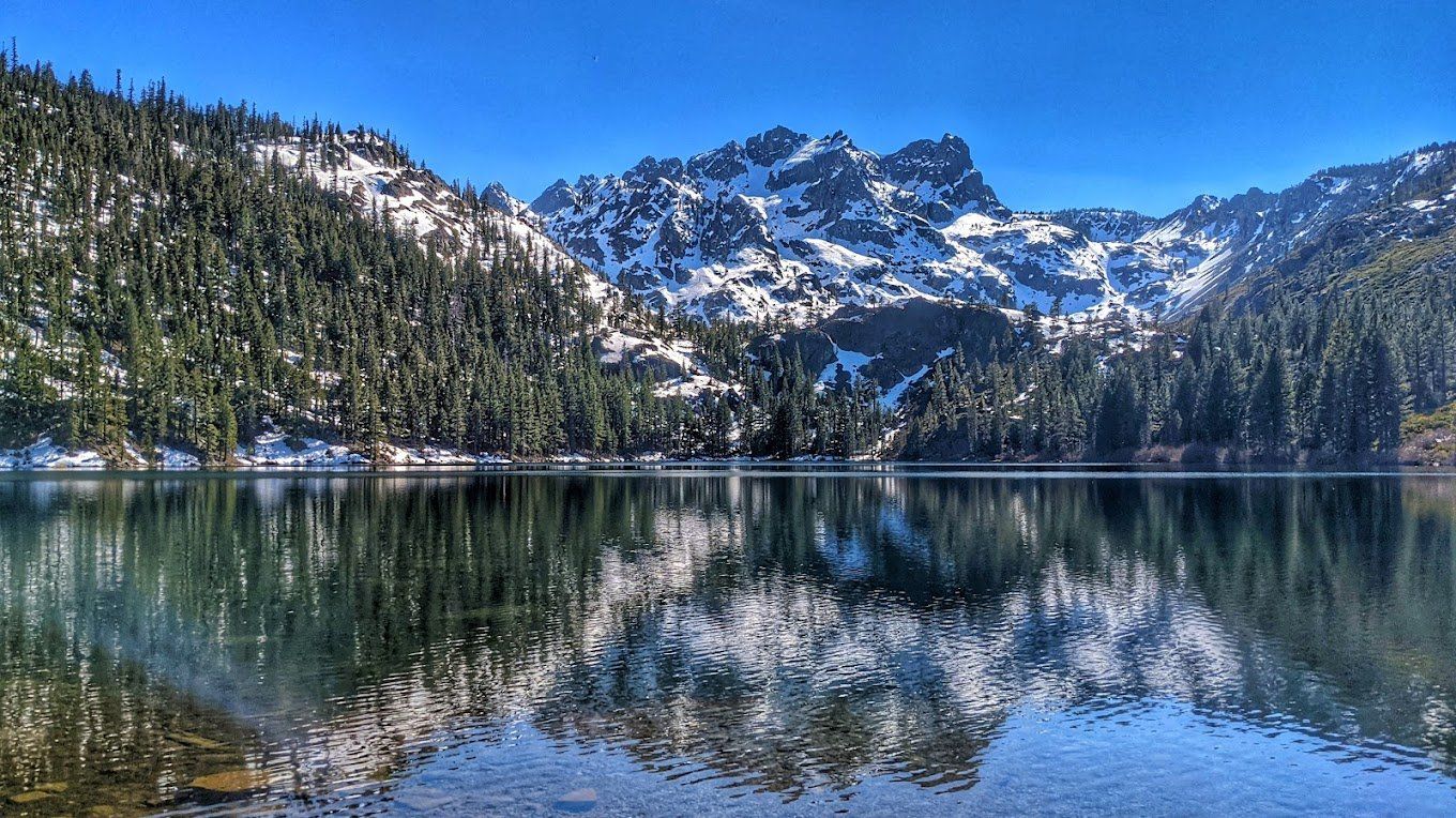 A lake with mountains in the background and trees on the shore
